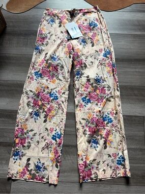 Twin-Set Floral Wide-Leg Lounge Pants in Cream with Pink, Blue, Yellow S